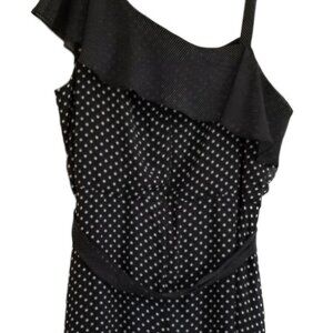 Lane Bryant black Whimsigoth polka dot one shoulder event Fun midi dress 14
